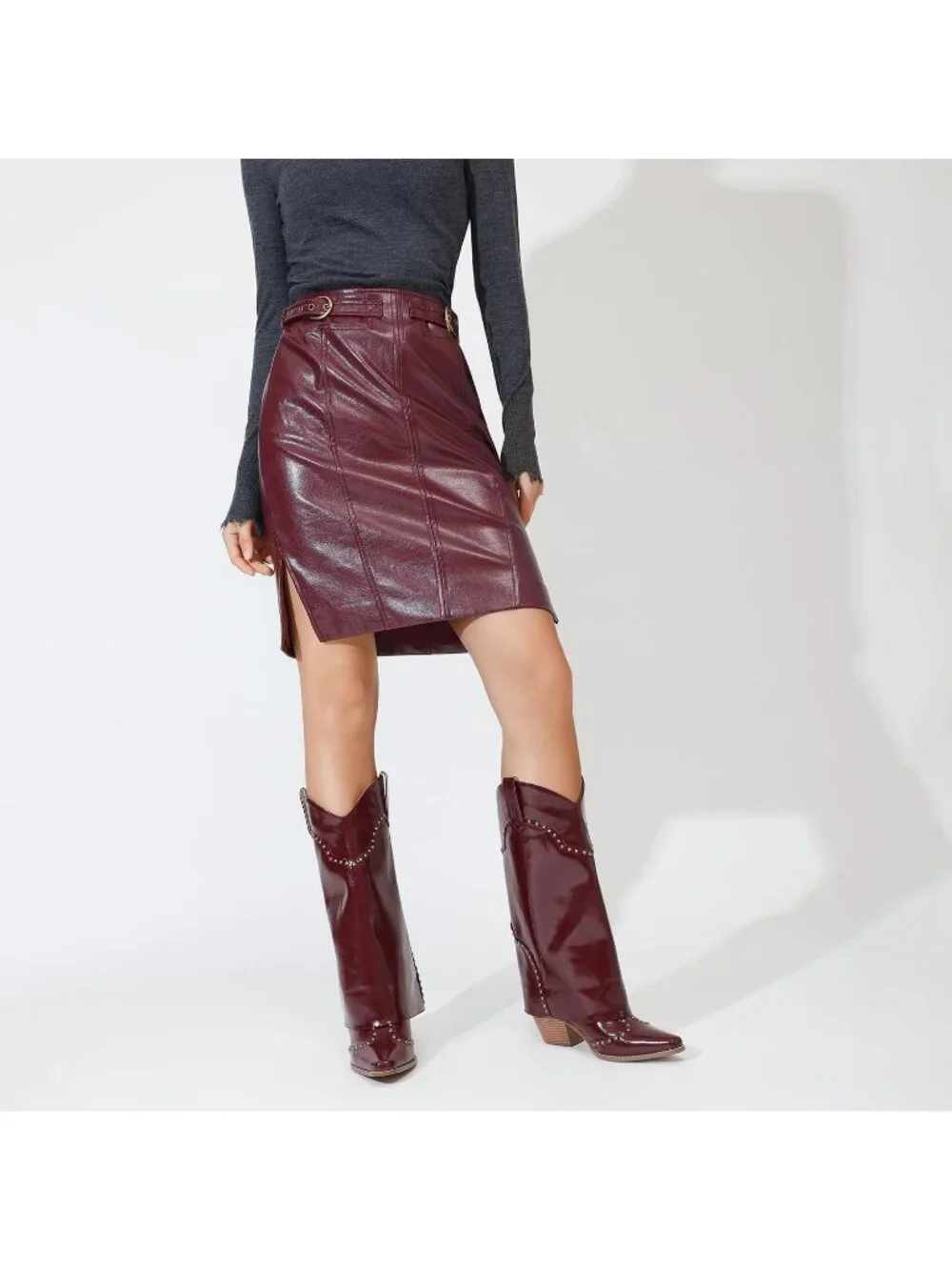 Women's Burgundy Faux Leather Over Boot Knee High Chunky Heel  Cowgirl Boot